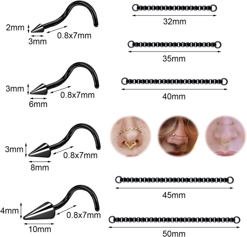 AccGin Store 20G Spike Nose Rings Studs with Chains Stainless Steel Spike Nostril Ring Stud Chain Black Rook Corkscrew Ring L-Shaped Nose Piercing Jewelry Nose Piercing Stud Lip Piercing Jewelry Black Silver Gold - Image 2